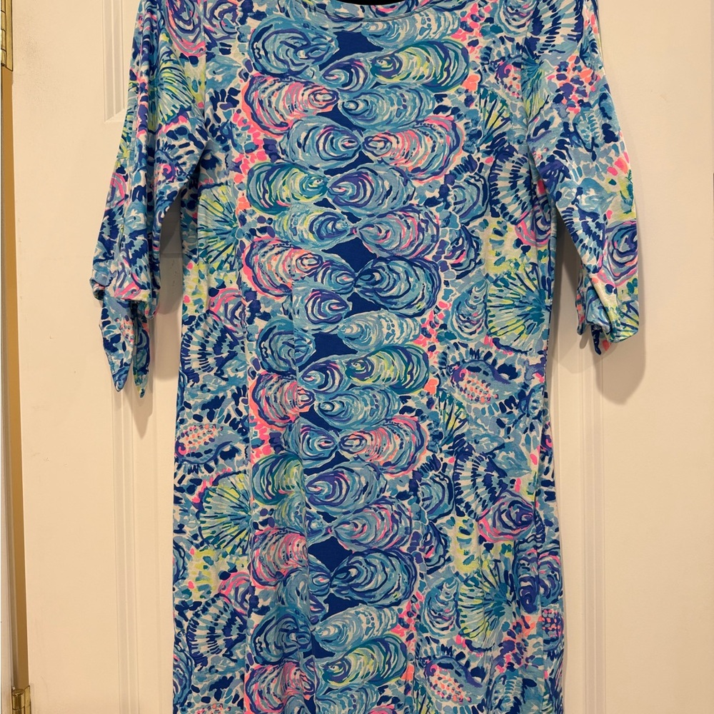 Lilly Pulitzer Preston Dress Oyster Print | 3/4 Tie Sleeve Cotton Shift | S - Picture 2 of 5
